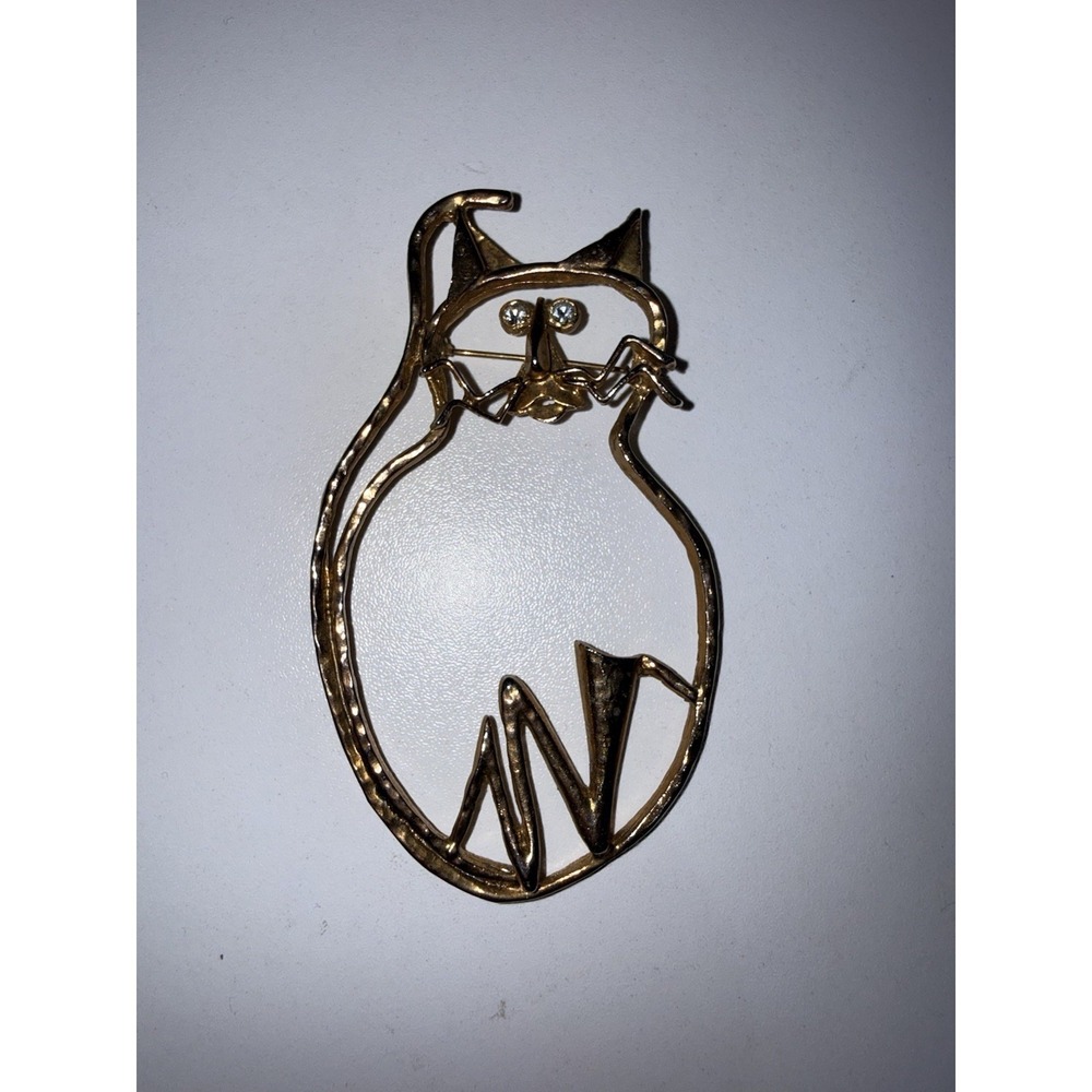 Vintage‎ Large Abstract Modern Outline Cat Gold Tone Brooch Pin Brutalist